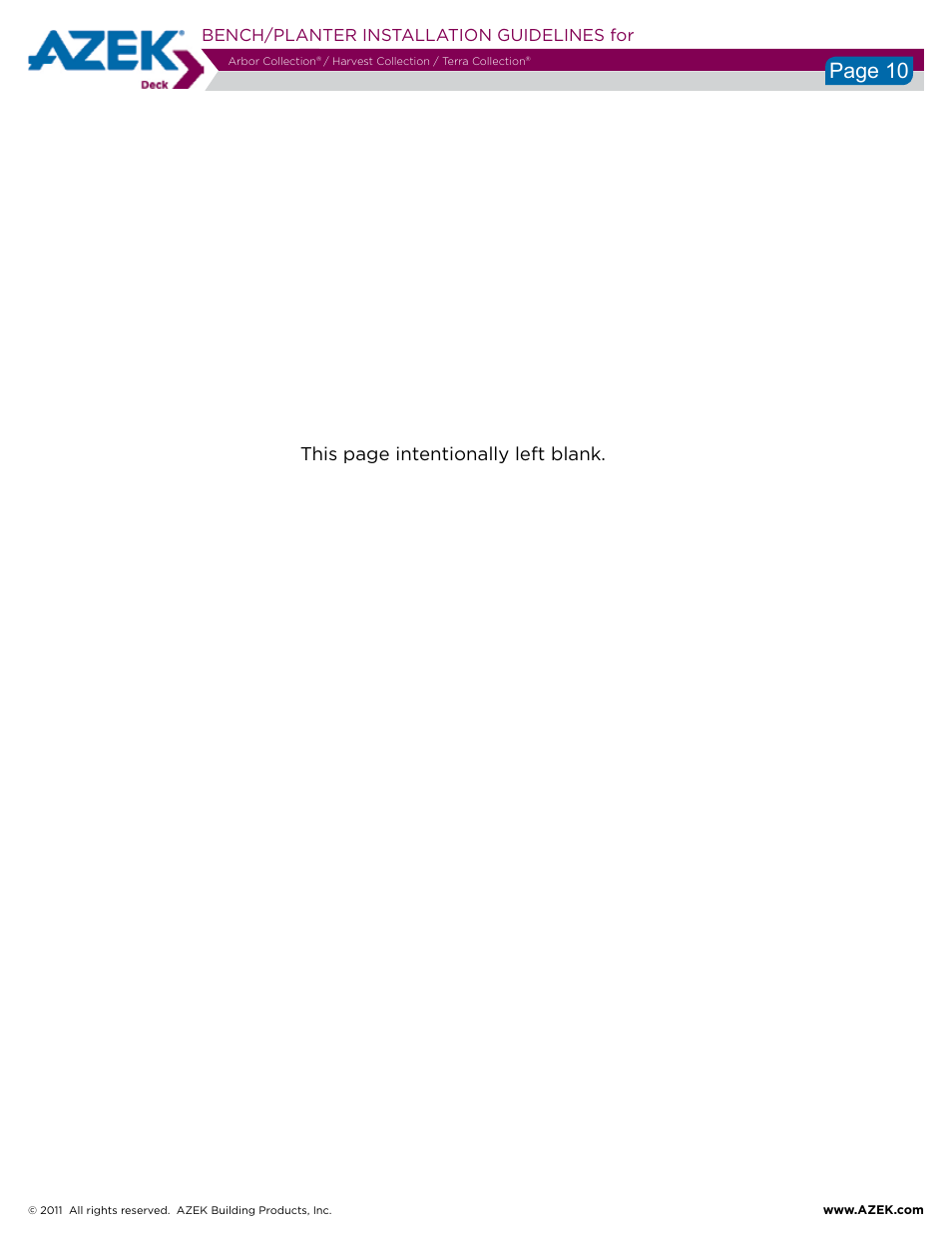 Page 10, This page intentionally left blank, Bench/planter installation guidelines for | AZEK Bench Planter User Manual | Page 10 / 10