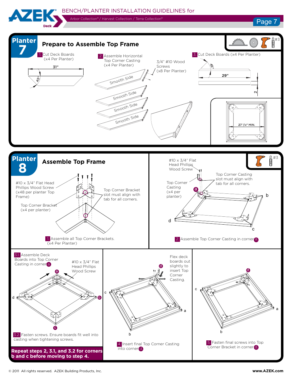Planter, Page 7, Prepare to assemble top frame | Assemble top frame, Bench/planter installation guidelines for | AZEK Bench Planter User Manual | Page 7 / 10