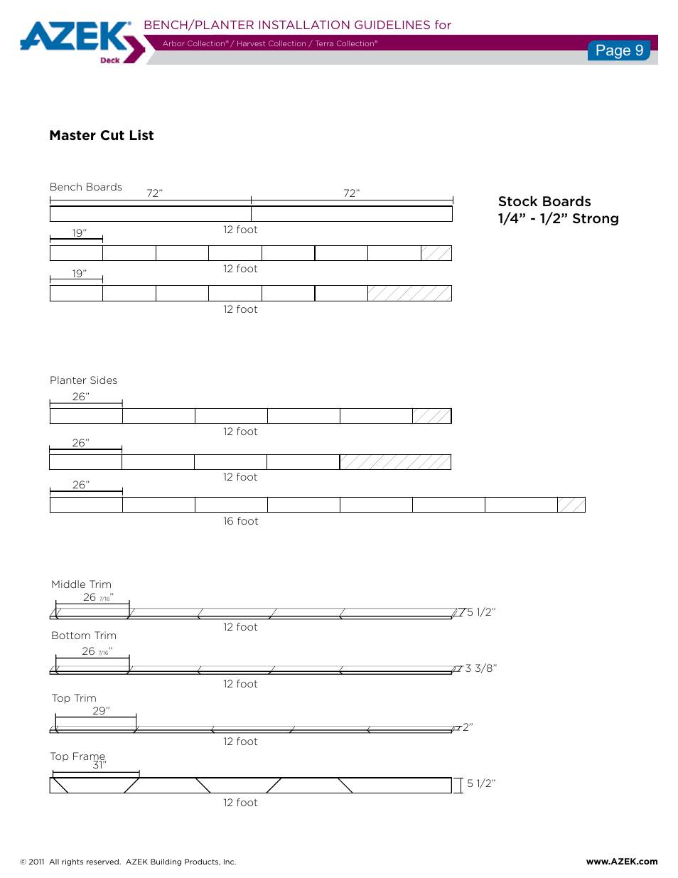 Page 9, Stock boards 1/4” - 1/2” strong master cut list, Bench/planter installation guidelines for | AZEK Bench Planter User Manual | Page 9 / 10