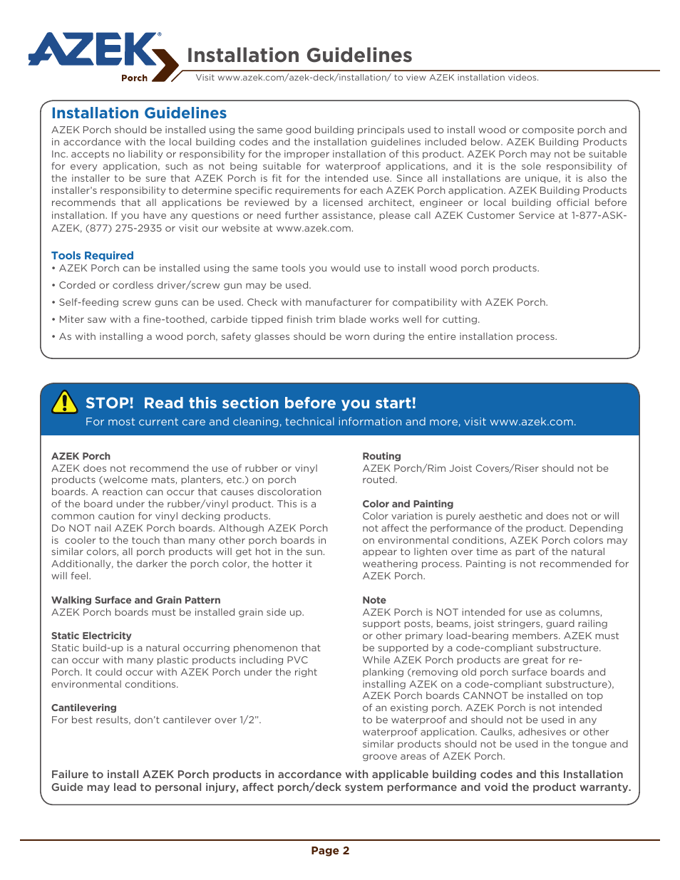 Installation guidelines | AZEK Porch EN User Manual | Page 2 / 8