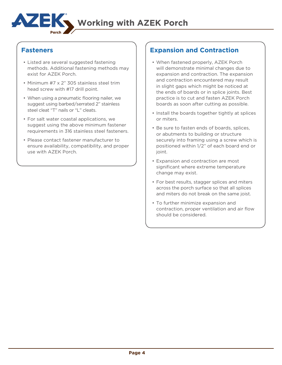 Working with azek porch, Fasteners, Expansion and contraction | AZEK Porch EN User Manual | Page 4 / 8