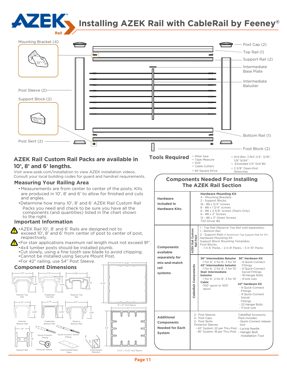 Installing azek rail with cablerail by feeney, Tools required, Page 11 | Center of post to center of post, respectively | AZEK Rail User Manual | Page 11 / 40