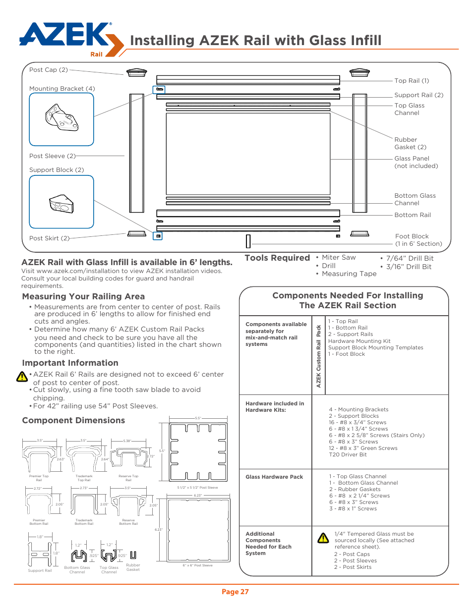 Installing azek rail with glass infill, Tools required, Page 27 | Miter saw • drill • measuring tape | AZEK Rail User Manual | Page 27 / 40
