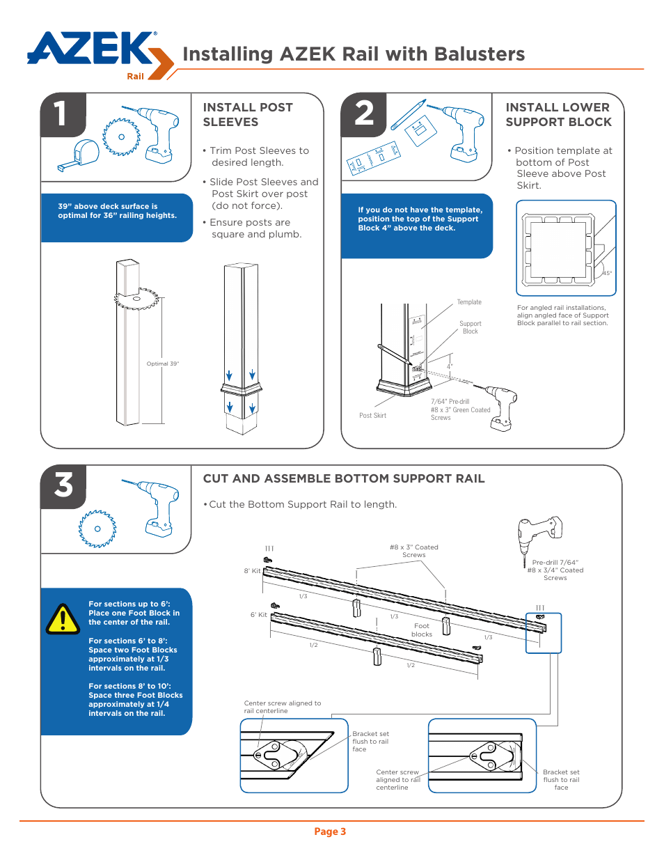 Installing azek rail with balusters, Install lower support block, Install post sleeves | Cut and assemble bottom support rail | AZEK Rail User Manual | Page 3 / 40