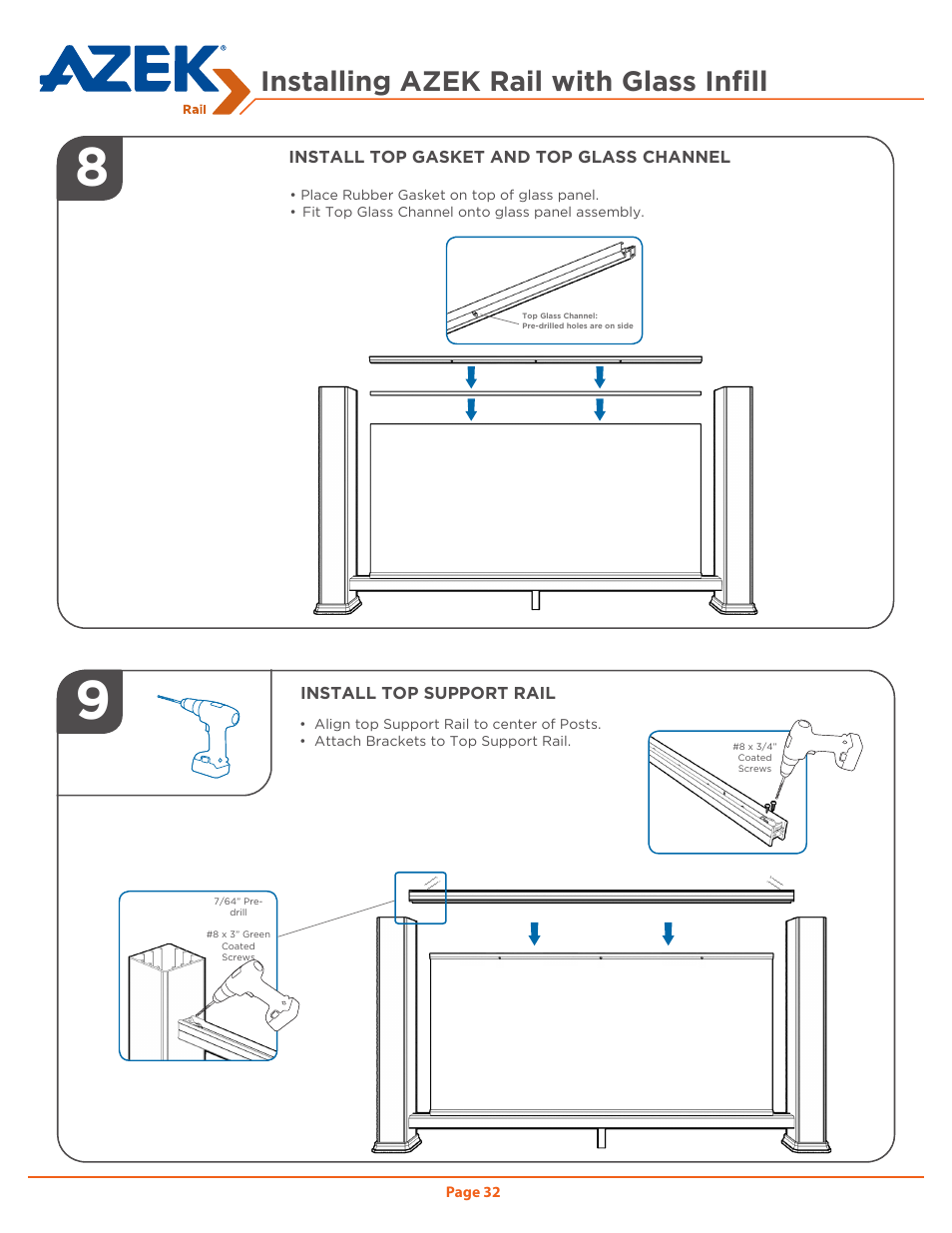 Installing azek rail with glass infill | AZEK Rail User Manual | Page 32 / 40