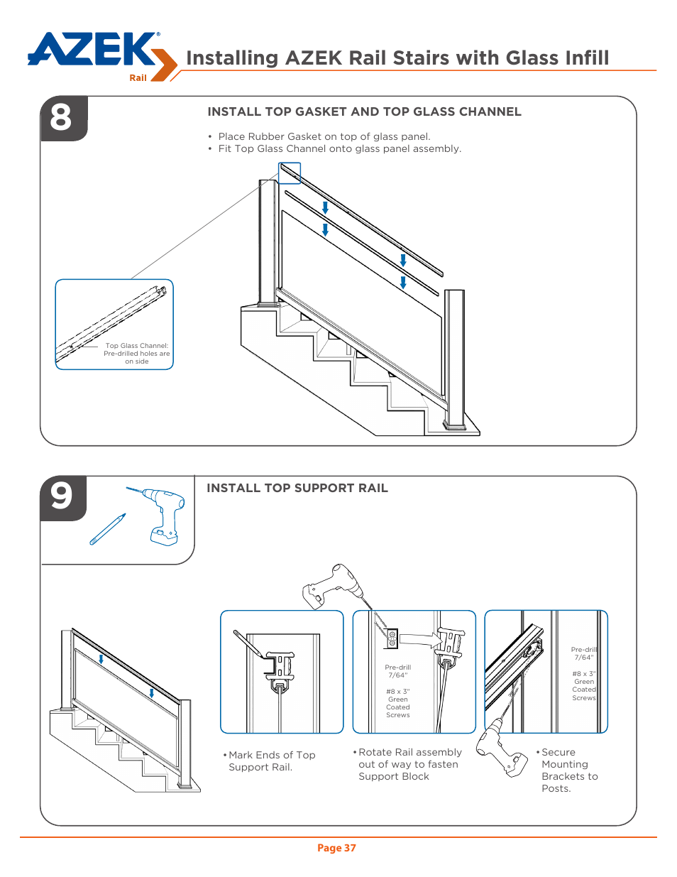 Installing azek rail stairs with glass infill | AZEK Rail User Manual | Page 37 / 40