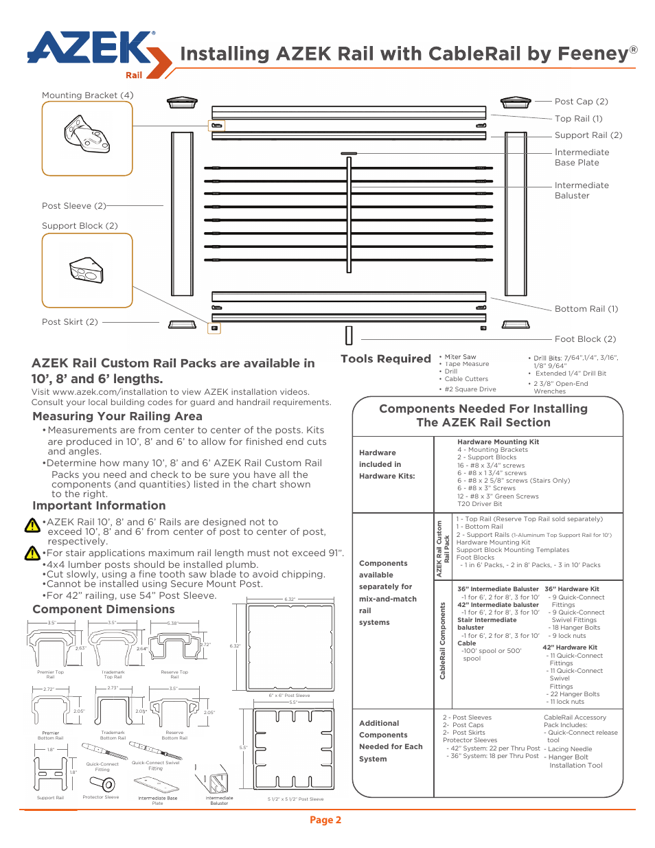 Installing azek rail with cablerail by feeney, Tools required, Page 2 | Center of post to center of post, respectively | AZEK Rail User Manual | Page 2 / 20
