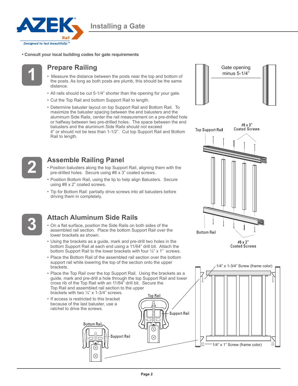 Installing a gate, Prepare railing, Assemble railing panel | Attach aluminum side rails | AZEK Rail User Manual | Page 2 / 4