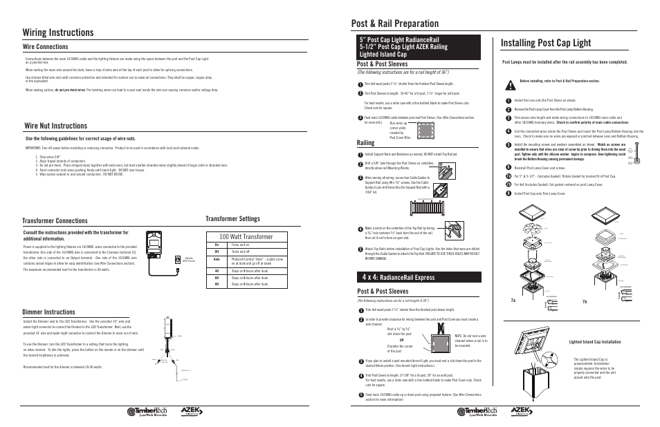Wiring instructions, Post & rail preparation, Installing post cap light | Wire nut instructions, 4 x 4, Transformer settings, Transformer connections, 100 watt transformer, Dimmer instructions, Wire connections | AZEK TT-AZ User Manual | Page 2 / 2