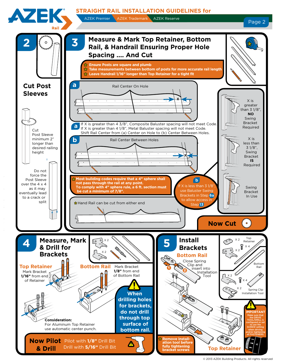 Prepare for post sleeves, Measure, mark & drill for brackets, Install brackets | Hardware, Parts tools required, Straight rail installation guidelines for, Important, Page 2, Top retainer, Bottom rail | AZEK Straight Rail User Manual | Page 2 / 4