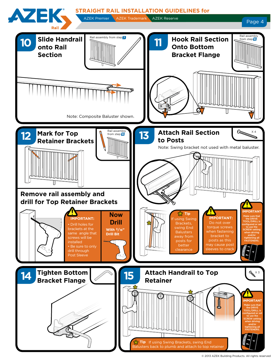 Tighten bottom bracket flange, Attach handrail to top retainer, Now drill | Mark for top retainer brackets, Straight rail installation guidelines for | AZEK Straight Rail User Manual | Page 4 / 4