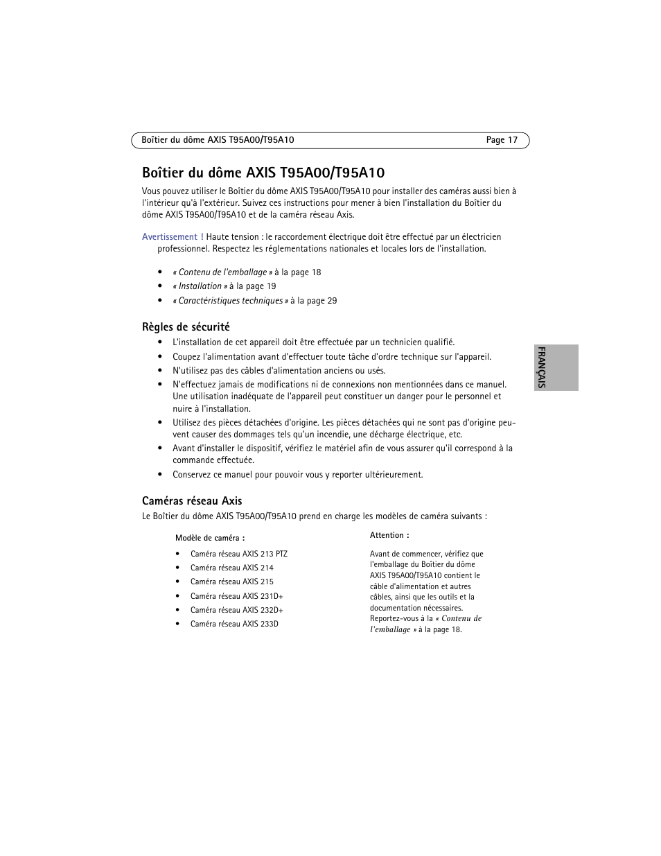 Boîtier du dôme axis t95a00/t95a10, Règles de sécurité, Caméras réseau axis | Axis Communications AXIS T95A10 User Manual | Page 17 / 73
