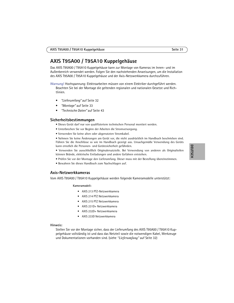 Axis t95a00 / t95a10 kuppelgehäuse | Axis Communications AXIS T95A10 User Manual | Page 31 / 73