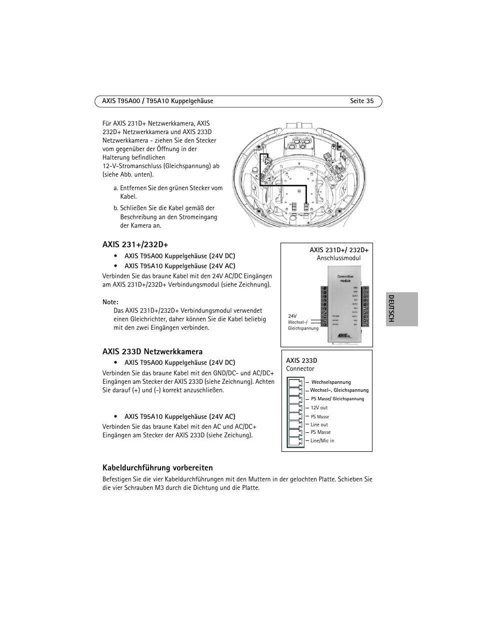 Axis 233d netzwerkkamera, Kabeldurchführung vorbereiten | Axis Communications AXIS T95A10 User Manual | Page 35 / 73