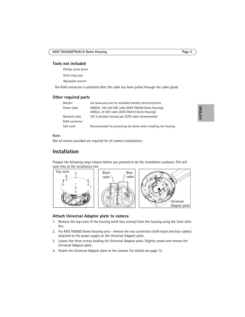 Installation | Axis Communications AXIS T95A10 User Manual | Page 5 / 73