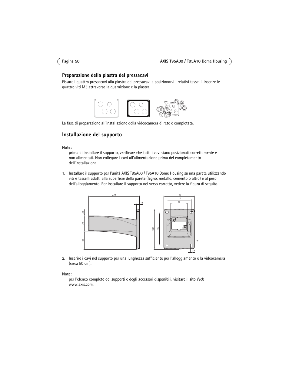 Installazione del supporto, Preparazione della piastra del pressacavi | Axis Communications AXIS T95A10 User Manual | Page 50 / 73