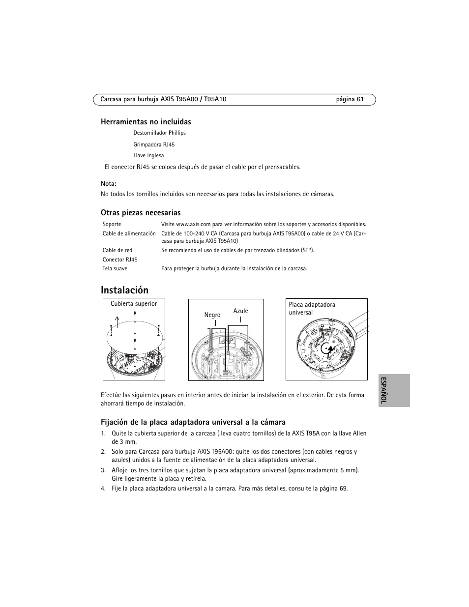 Instalación | Axis Communications AXIS T95A10 User Manual | Page 61 / 73