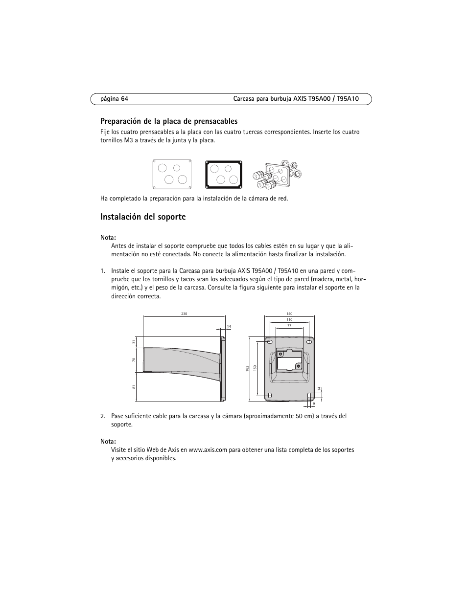 Instalación del soporte, Preparación de la placa de prensacables | Axis Communications AXIS T95A10 User Manual | Page 64 / 73