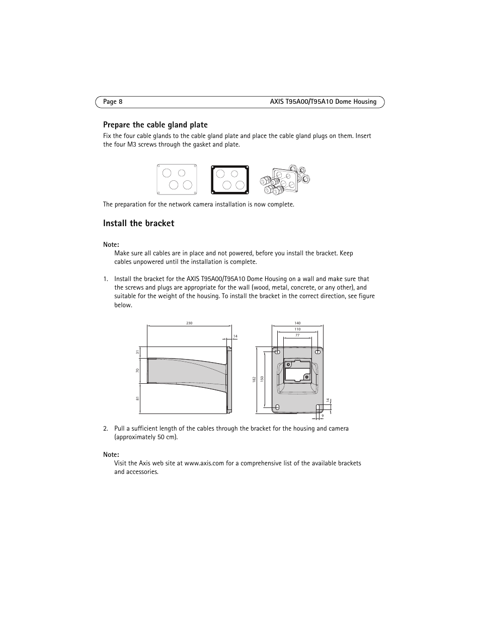 Install the bracket, Prepare the cable gland plate | Axis Communications AXIS T95A10 User Manual | Page 8 / 73