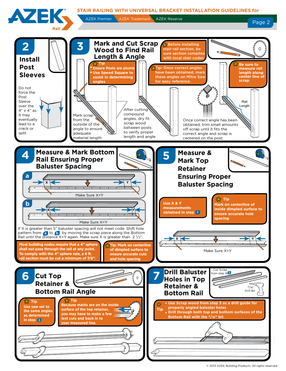 Install post sleeves, Cut top retainer & bottom rail angle, Drill baluster holes in top retainer & bottom rail | AZEK Stair Rail with Universal Bracket User Manual | Page 2 / 4