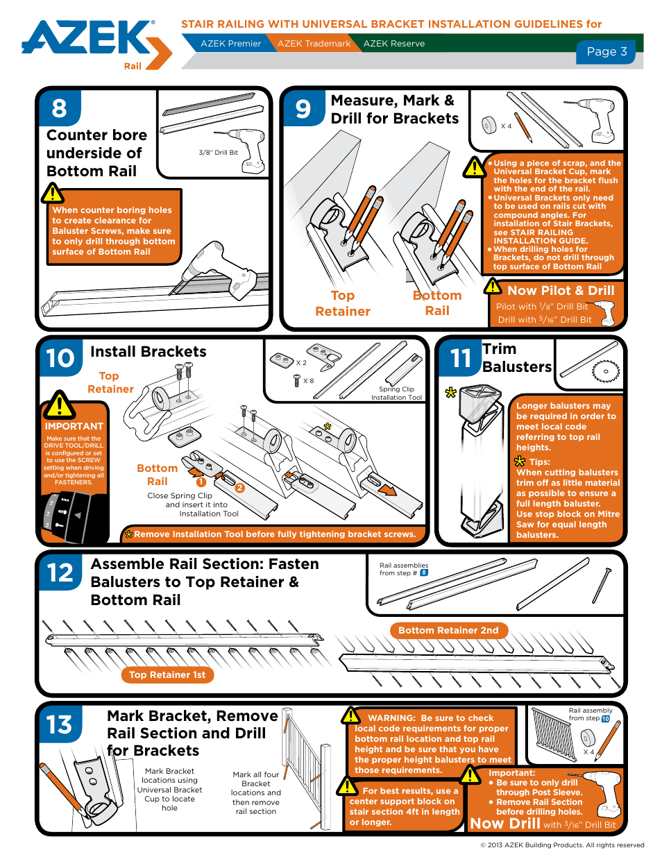 Trim balusters, Install brackets, Counter bore underside of bottom rail | Measure, mark & drill for brackets, Now drill, Top retainer bottom rail, Now pilot & drill | AZEK Stair Rail with Universal Bracket User Manual | Page 3 / 4