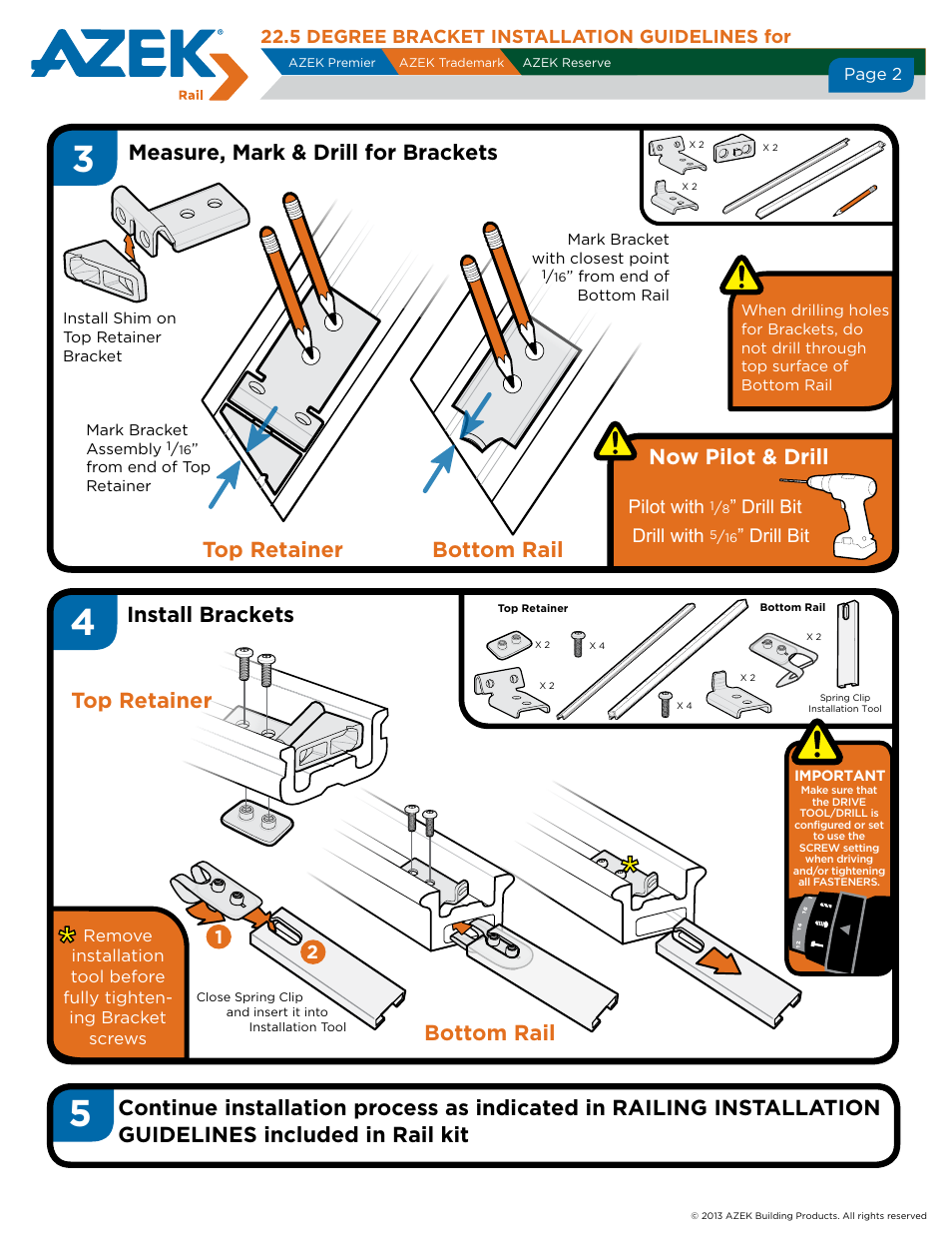 Top retainer bottom rail, Now pilot & drill, Measure, mark & drill for brackets top retainer | Bottom rail, Install brackets, Pilot with, Drill bit drill with, Drill bit | AZEK 22_5 Degree User Manual | Page 2 / 2