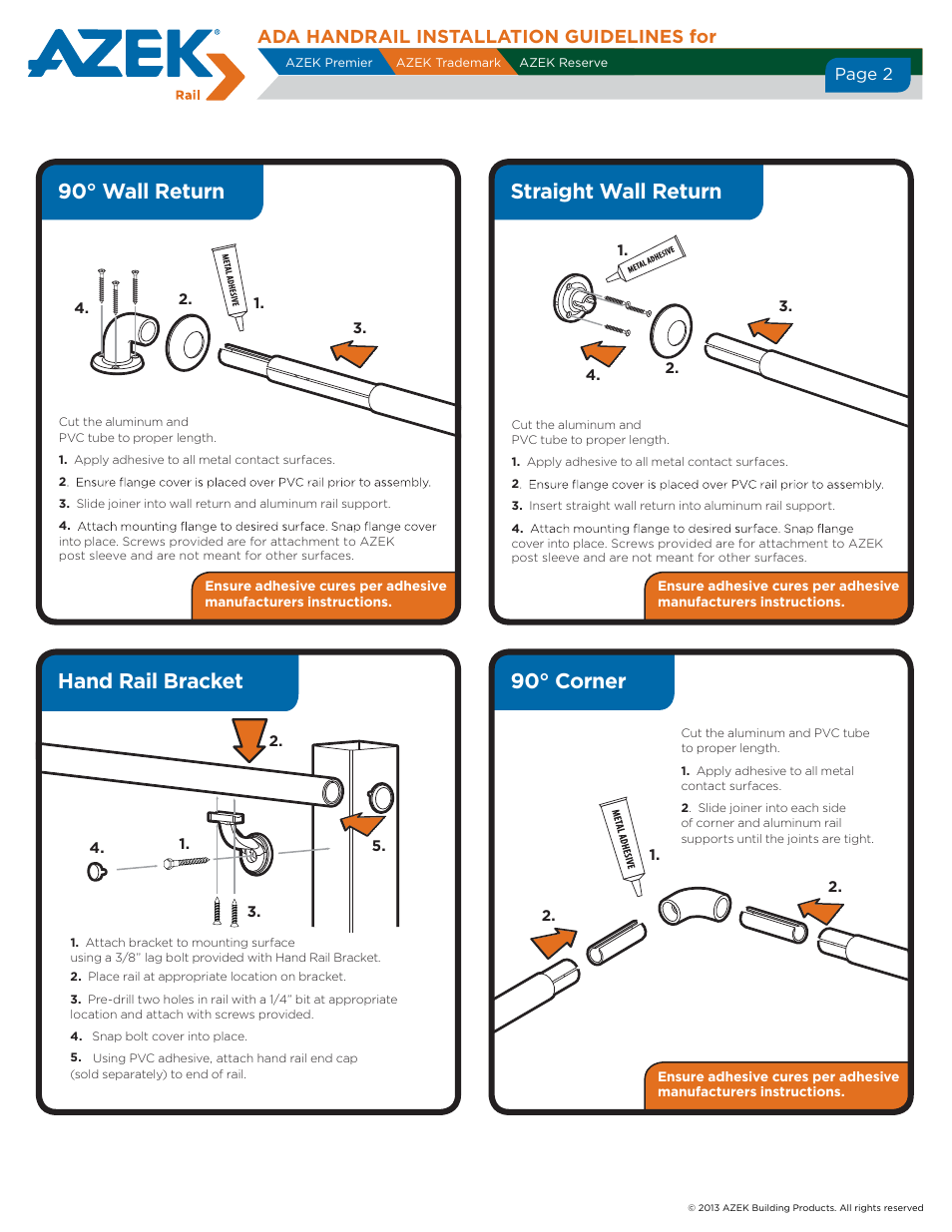 Hand rail bracket, Straight wall return, 90° wall return | 90° corner, Page 2, Ada handrail installation guidelines for | AZEK ADA Handrail User Manual | Page 2 / 3
