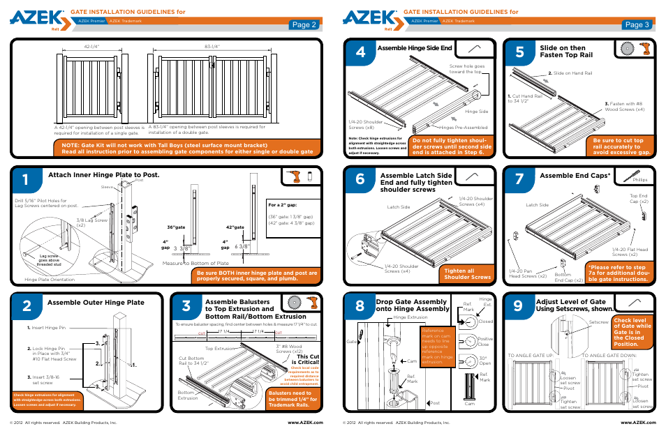Page 2, Page 3, Slide on then fasten top rail | Attach inner hinge plate to post, Assemble end caps, Adjust level of gate using setscrews, shown, Assemble hinge side end, Tools | AZEK Gate User Manual | Page 2 / 3