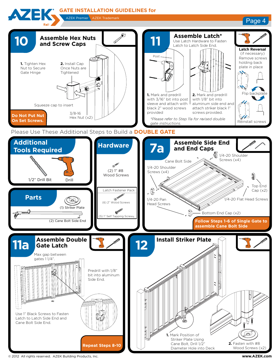 Tools_dblgate, Parts_dblgate, Hardware_dblgate | Additional tools required parts, Hardware, Page 4, Assemble side end and end caps, Assemble double gate latch install striker plate, Assemble hex nuts and screw caps, Assemble latch | AZEK Gate User Manual | Page 3 / 3