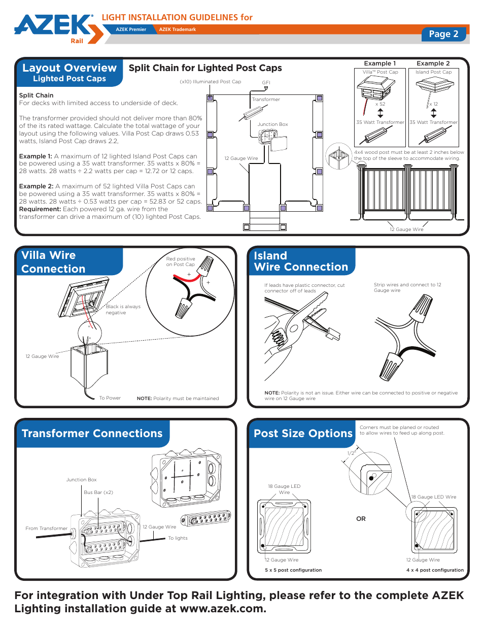 Layout overview, Post size options, Page 2 | Split chain for lighted post caps, Light installation guidelines for | AZEK Lighted Post Cap User Manual | Page 2 / 2