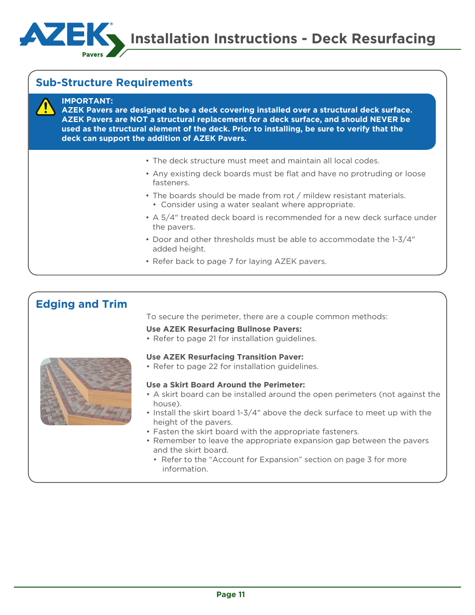 Installation instructions - deck resurfacing, Sub-structure requirements, Edging and trim | AZEK Pavers User Manual | Page 11 / 24
