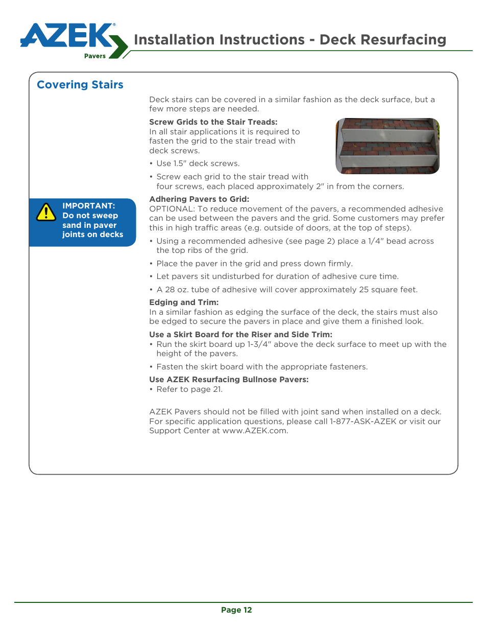 Installation instructions - deck resurfacing, Covering stairs | AZEK Pavers User Manual | Page 12 / 24