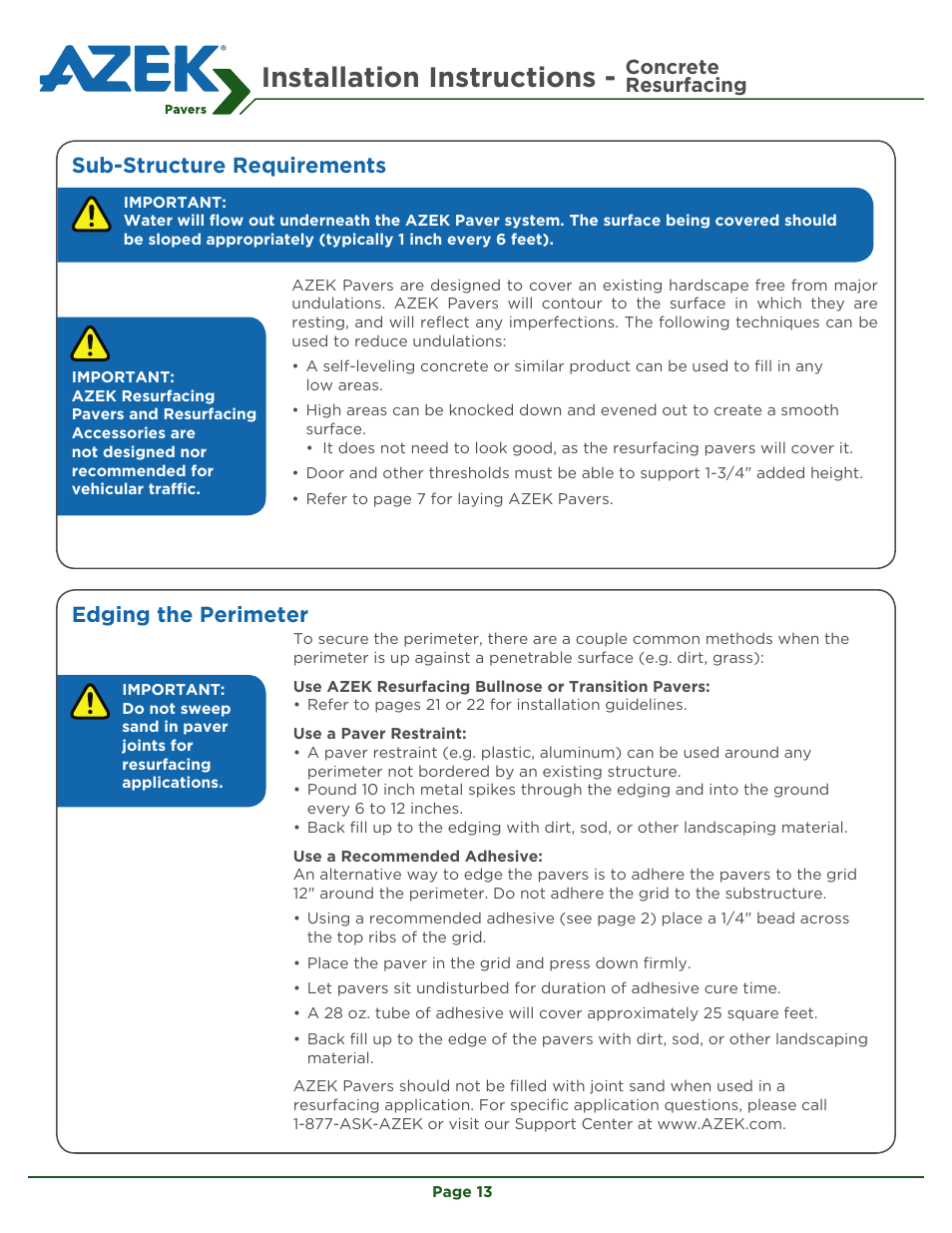 Installation instructions, Sub-structure requirements edging the perimeter, Concrete resurfacing | AZEK Pavers User Manual | Page 13 / 24