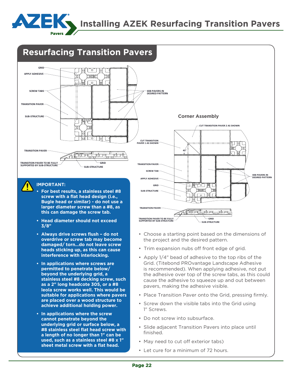 Installing azek resurfacing transition pavers, Resurfacing transition pavers, Page 22 | AZEK Pavers User Manual | Page 22 / 24