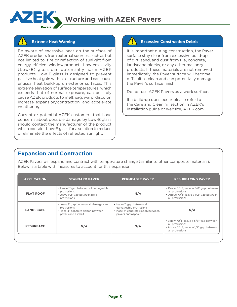 Working with azek pavers, Expansion and contraction | AZEK Pavers User Manual | Page 3 / 24