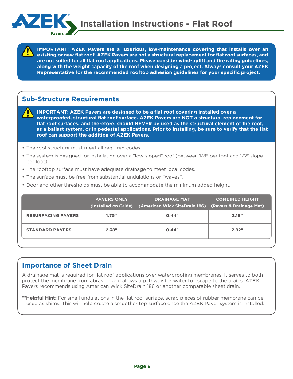 Installation instructions - flat roof, Sub-structure requirements, Importance of sheet drain | AZEK Pavers User Manual | Page 9 / 24