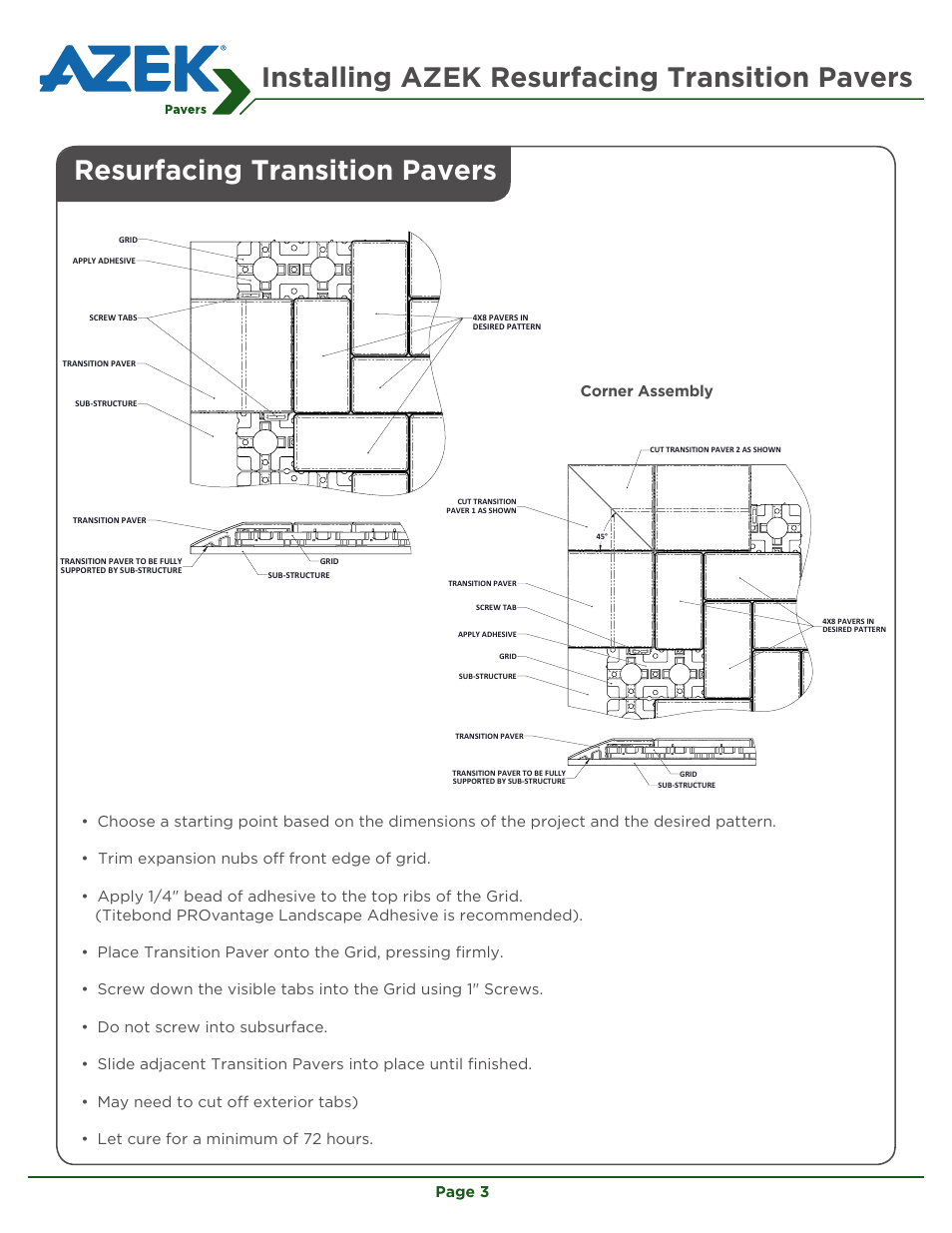 Installing azek resurfacing transition pavers, Resurfacing transition pavers, Page 3 | AZEK Bullnose Paver & Transition Paver User Manual | Page 3 / 8