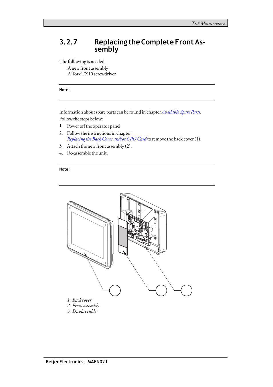 7 replacing the complete front assembly, Replacing the complete front assembly, 7 replacing the complete front as- sembly | Beijer Electronics iX TxA EN User Manual | Page 16 / 19