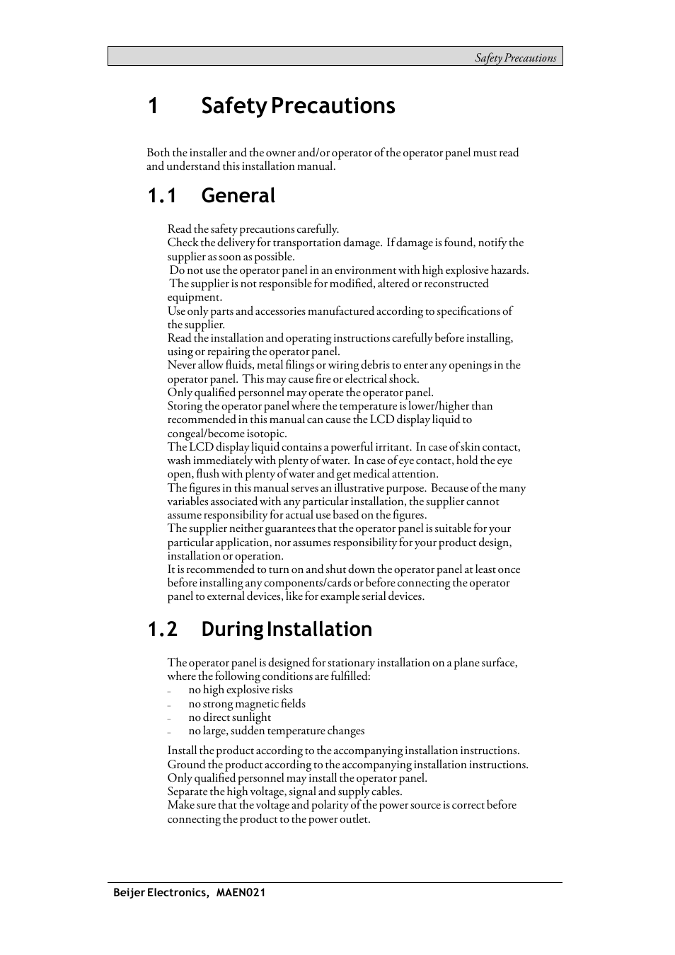 1 safety precautions, 1 general, 2 during installation | General, During installation, 1safety precautions | Beijer Electronics iX TxA EN User Manual | Page 6 / 19