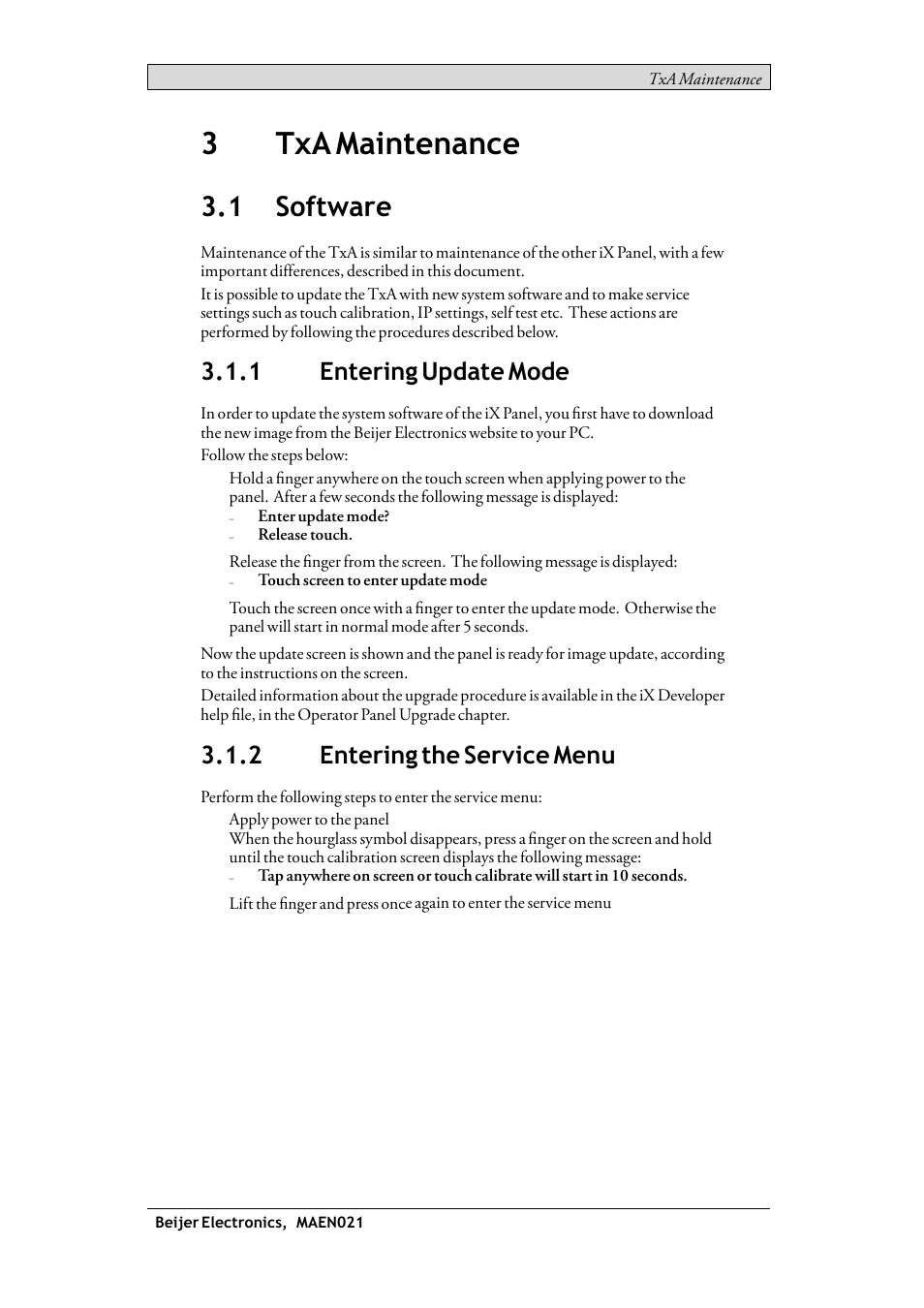 3 txa maintenance, 1 software, 1 entering update mode | 2 entering the service menu, Software, Entering update mode, Entering the service menu, 3txa maintenance | Beijer Electronics iX TxA EN User Manual | Page 9 / 19