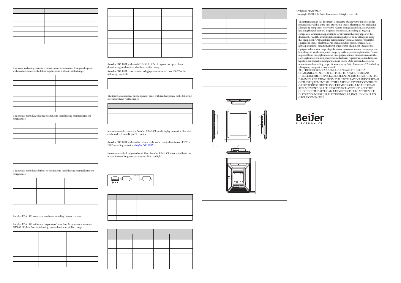 4chemical resistance, 1metal casing, 2touch screen and overlay | 1autoflex€eba 180l, Solvent resistance, 2touch screen surface, 3autoflex eba 180l, Outdoor use, 5operator panel drawings, 1connectors | Beijer Electronics iX T10A EN User Manual | Page 2 / 2