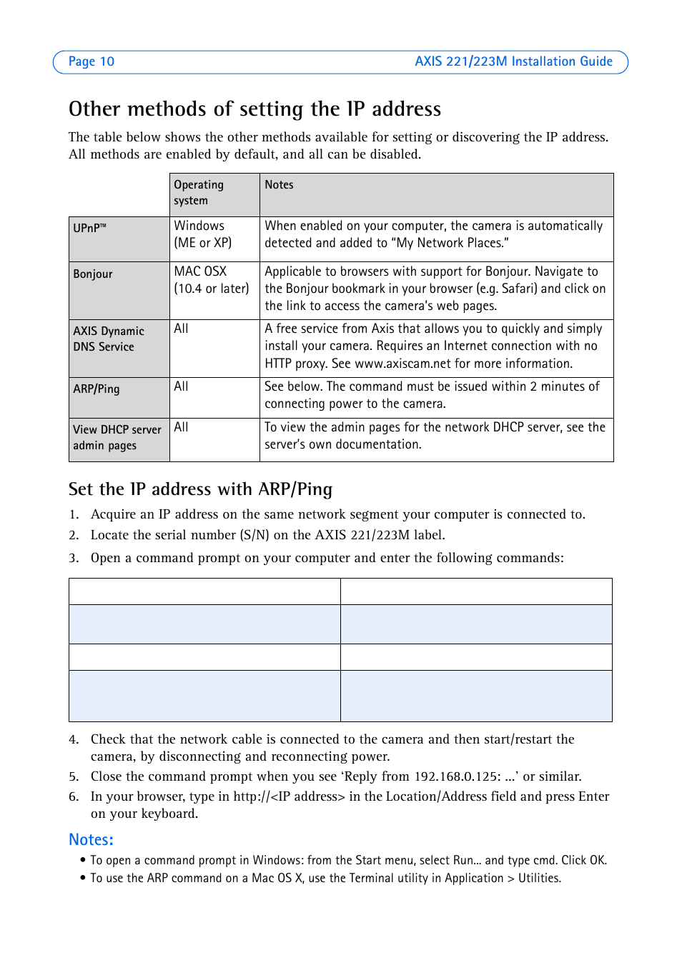 Other methods of setting the ip address, Set the ip address with arp/ping | Axis Communications 223M User Manual | Page 10 / 61