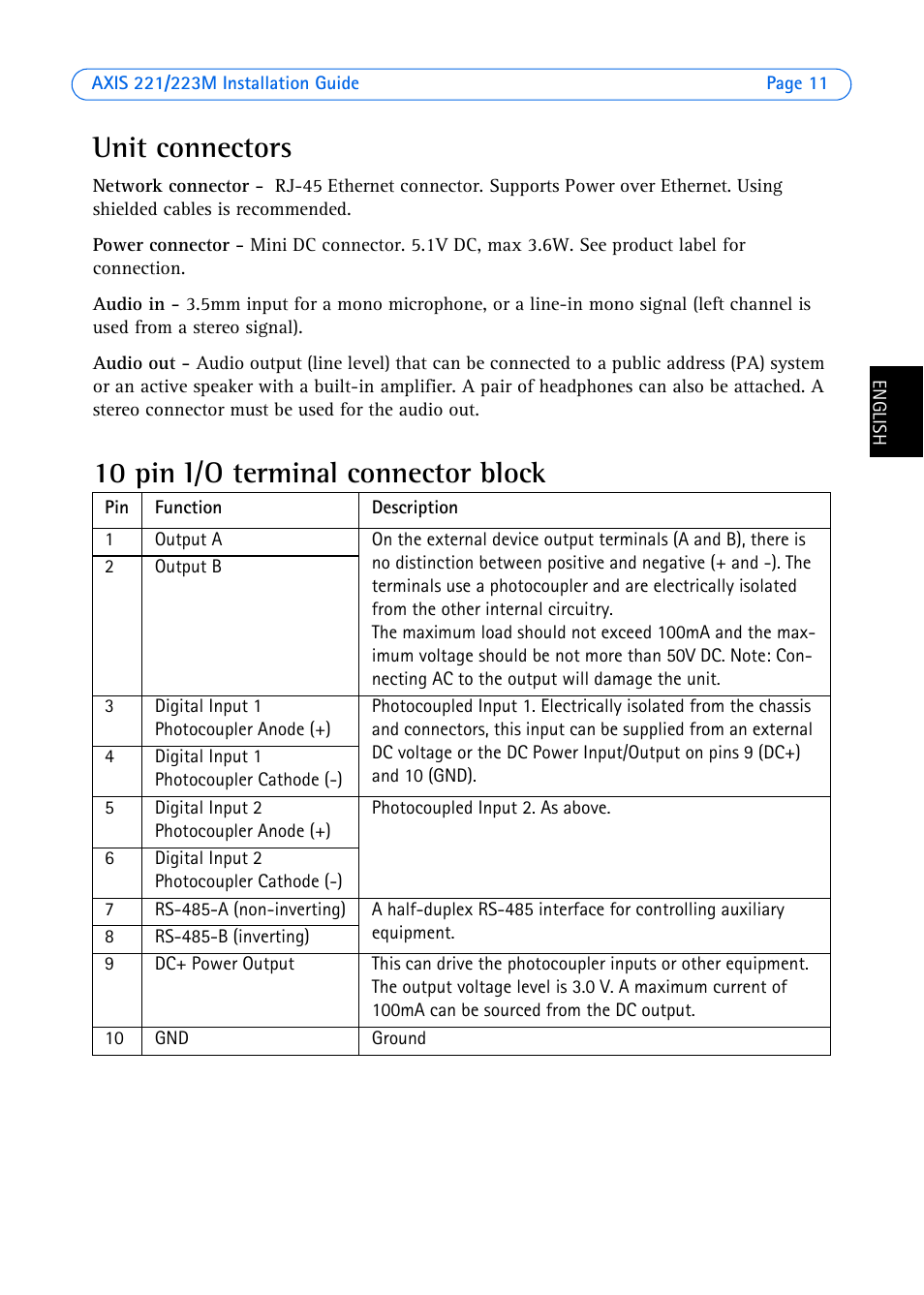 Unit connectors, 10 pin i/o terminal connector block | Axis Communications 223M User Manual | Page 11 / 61