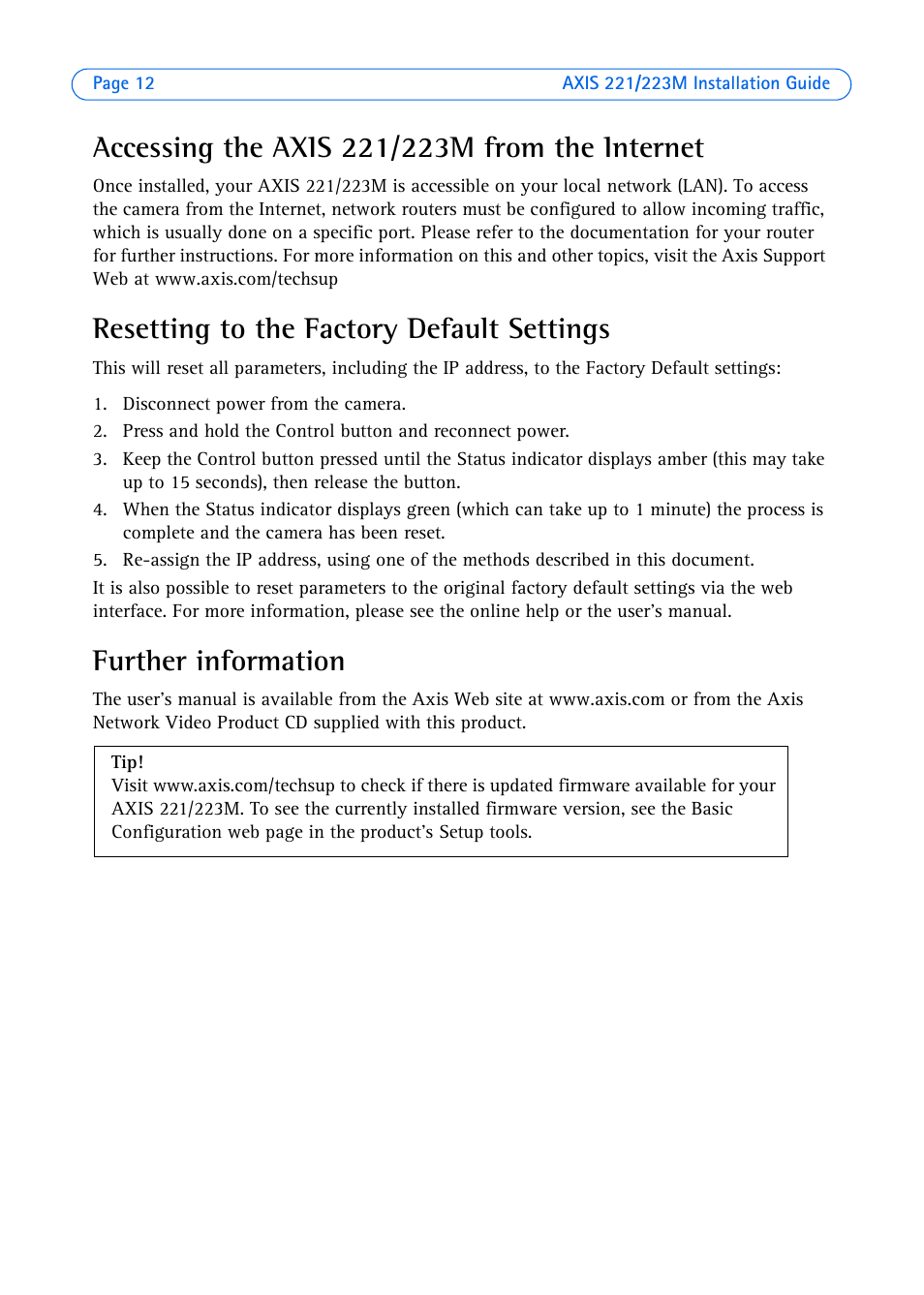 Accessing the axis 221/223m from the internet, Resetting to the factory default settings, Further information | Axis Communications 223M User Manual | Page 12 / 61