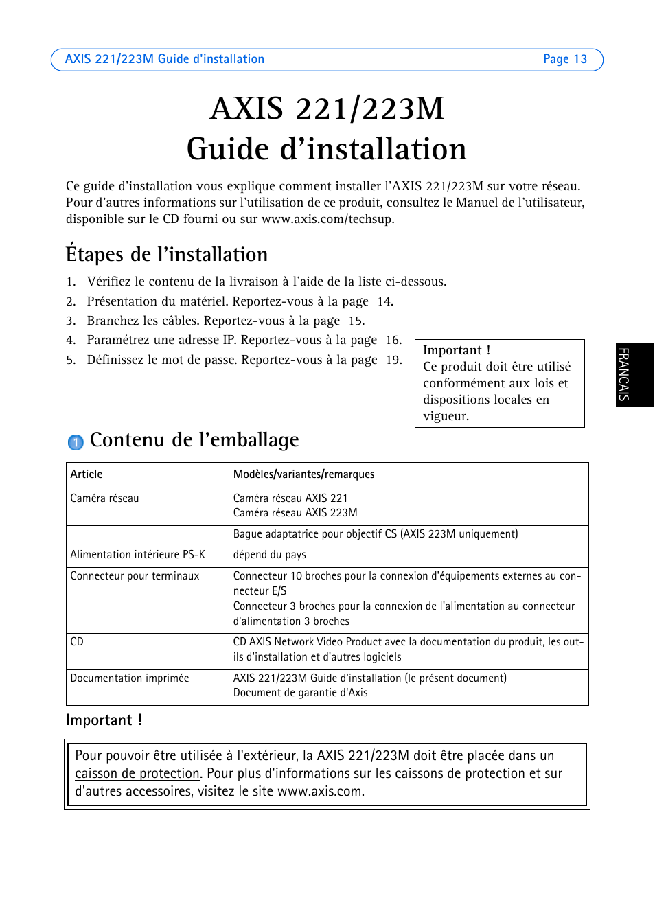 Axis 221/223m guide d'installation, Étapes de l'installation, Contenu de l'emballage | Guide d'installation | Axis Communications 223M User Manual | Page 13 / 61