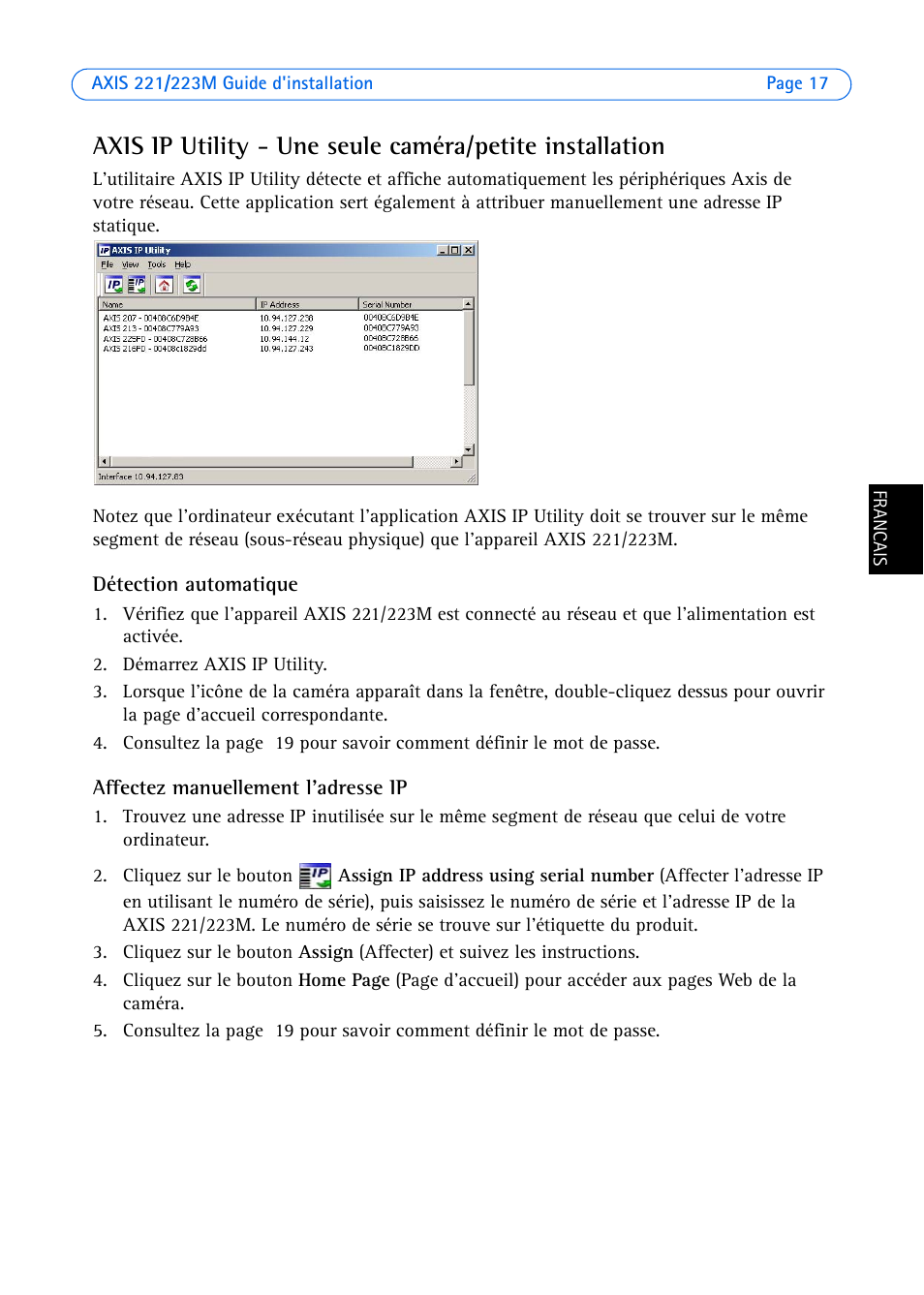 Détection automatique, Affectez manuellement l'adresse ip | Axis Communications 223M User Manual | Page 17 / 61