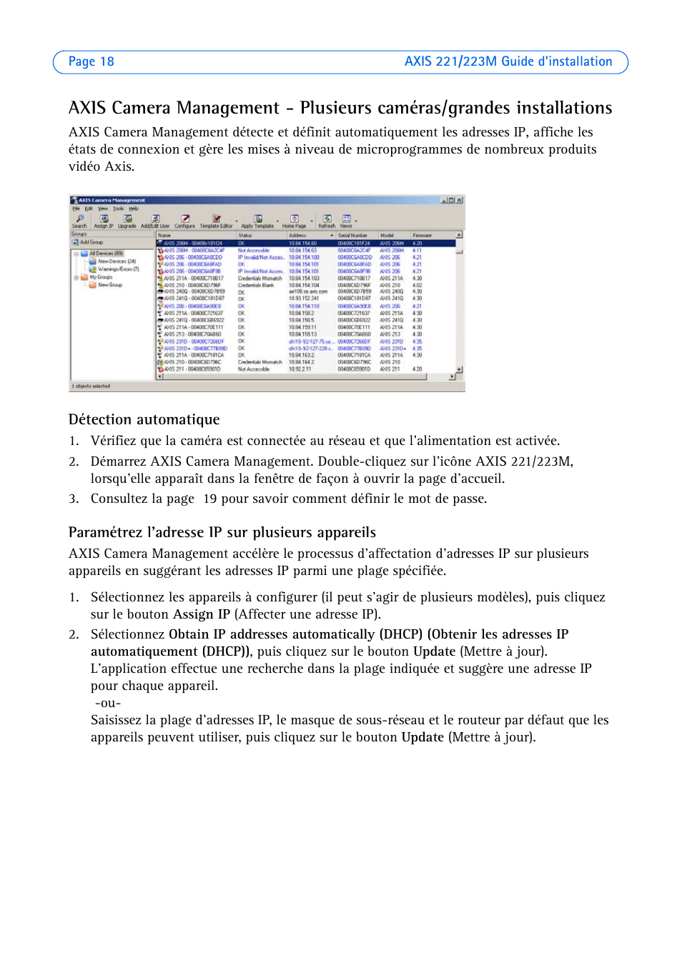 Détection automatique, Paramétrez l'adresse ip sur plusieurs appareils | Axis Communications 223M User Manual | Page 18 / 61