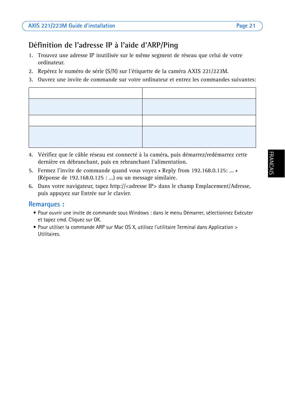 Définition de l'adresse ip à l'aide d'arp/ping, Remarques | Axis Communications 223M User Manual | Page 21 / 61