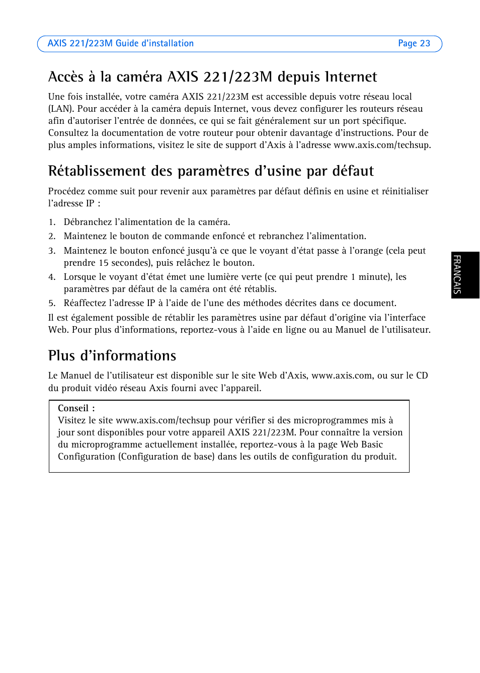 Accès à la caméra axis 221/223m depuis internet, Rétablissement des paramètres d'usine par défaut, Plus d'informations | Axis Communications 223M User Manual | Page 23 / 61