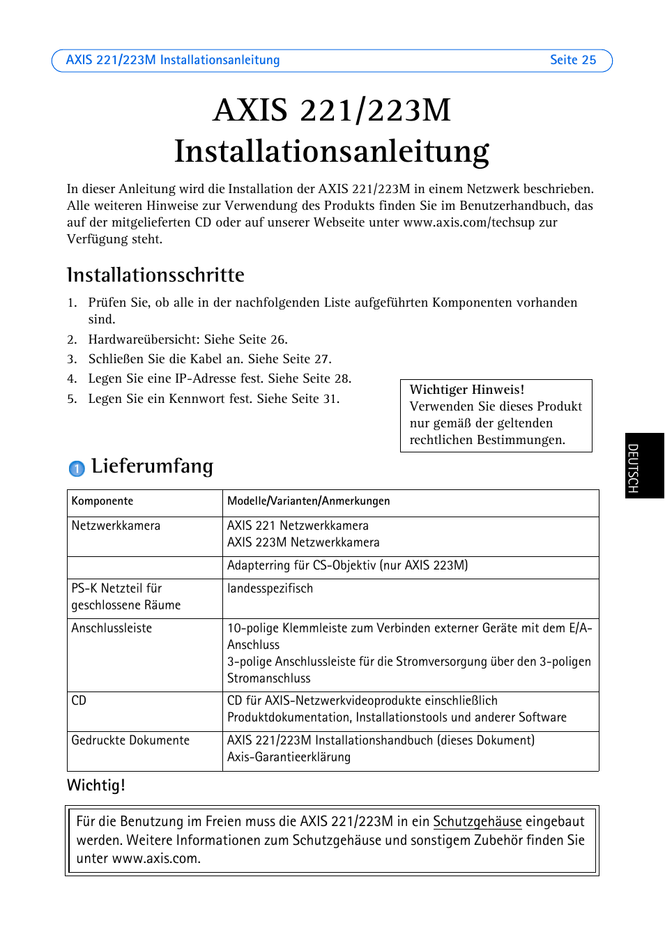 Axis 221/223m installationsanleitung, Installationsschritte, Lieferumfang | Installationsanleitung | Axis Communications 223M User Manual | Page 25 / 61